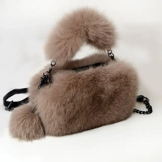 Real Fox Fur Women's Shoulder Handbags Brown