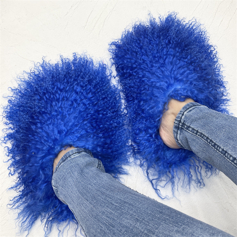Mongolian Fur Slippers/Slides Blue