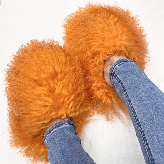 Mongolian Fur Slippers/Slides Orange