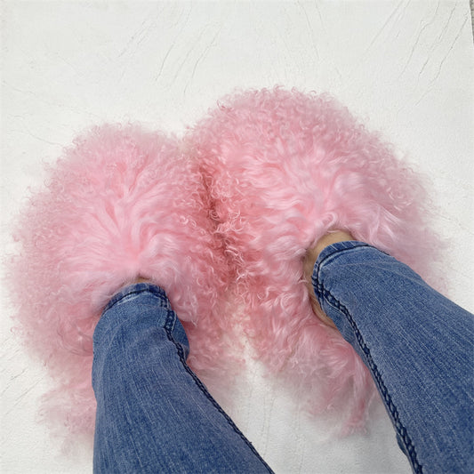 Mongolian Fur Slippers/Slides Pink