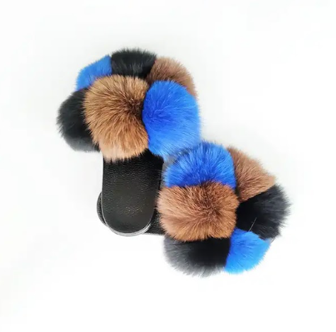 Blue Brown Black Pom Pom Sandals