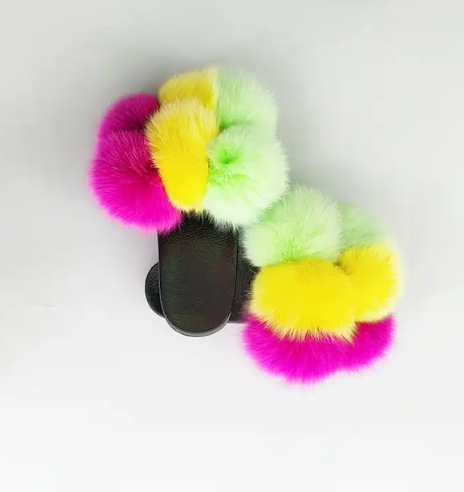 Pink Yellow Light Green Pom Pom Sandals