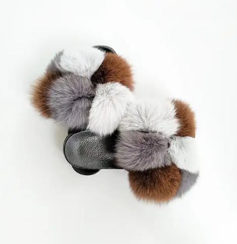 Brown White Gray Pom Pom Sandals