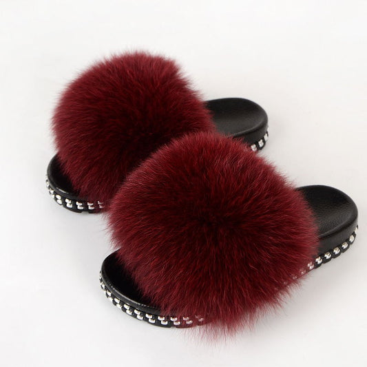 Fox Fur Slide/slippers with ribbon collar
