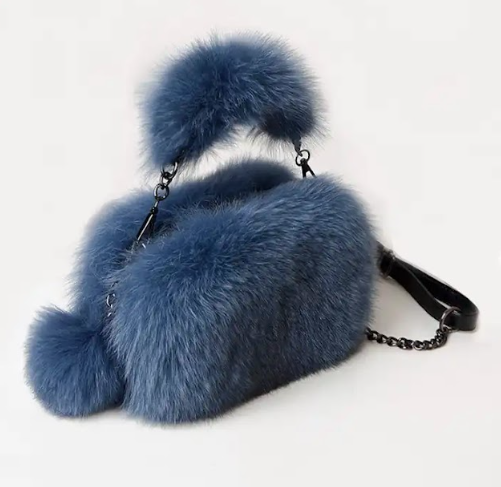 Real Fox Fur Women's Shoulder Handbags Dark Blue