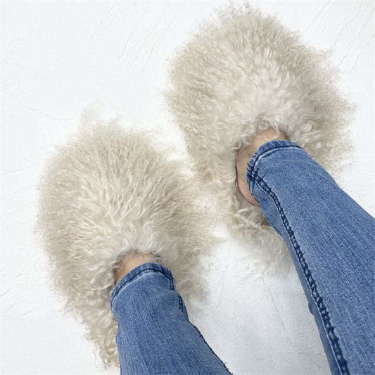 Mongolian Fur Slippers/Slides White