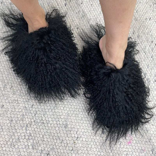 Mongolian Fur Slippers/Slides Black