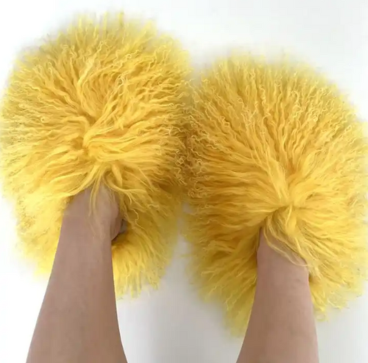 Mongolian Fur Slippers/Slides Yellow